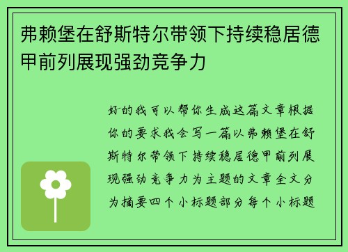 弗赖堡在舒斯特尔带领下持续稳居德甲前列展现强劲竞争力 弗赖堡在舒斯特尔带领下持续稳居德甲前列展现强劲竞争力