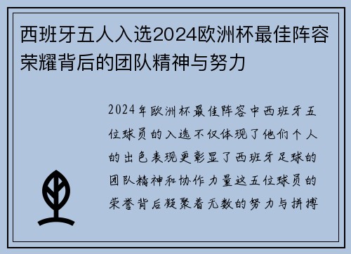 西班牙五人入选2024欧洲杯最佳阵容荣耀背后的团队精神与努力 西班牙五人入选2024欧洲杯最佳阵容荣耀背后的团队精神与努力