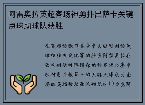 阿雷奥拉英超客场神勇扑出萨卡关键点球助球队获胜 阿雷奥拉英超客场神勇扑出萨卡关键点球助球队获胜